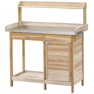 Outsunny Tavolo da lavoro per piante con piano zincato, tavolo da giardinaggio con cassetto e armadietto, legno massiccio, naturale, 112 x 48 x 125 cm