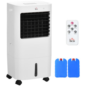Homcom Raffrescatore Evaporativo 3 in 1, Ventilatore con Ghiaccio e Umidificatore, 3 Velocità, 9 Modalità, Telecomando, Ruote e Timer, 65W, Bianco