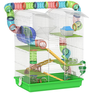 Pawhut Gabbia per Criceti a 5 Piani con Tubi Colorati, Ruota, Casetta e Accessori, 47x30x59 cm, Verde   Aosom Italy
