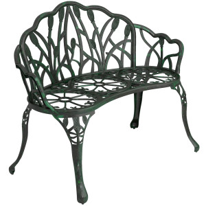 Outsunny Panca da giardino in alluminio pressofuso, panca esterna 2 posti con schienale a tulipano, seduta floreale, 99 x 57 x 78 cm, verde antico