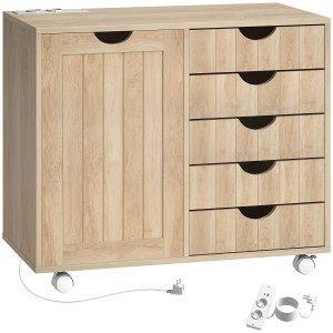Homcom Mobile per Stampante con Stazione di Ricarica e Ruote 5 Cassetti Porte USB Ripiano Regolabile Naturale   Aosom Italy