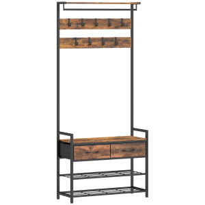 Homcom Stand appendiabiti con ganci, panca porta-scarpe, organizer d'ingresso in stile industriale, struttura in acciaio, Marrone rustico   Aosom