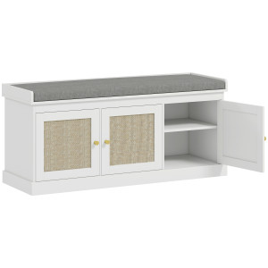 Homcom Panca portascarpe ingresso 9 paia, panca contenitore, 3 ante in rattan, cuscino e ripiano regolabile, 105x35x47cm, bianco   Aosom Italy