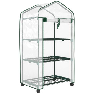 Outsunny Miniserra da giardino con 3 ripiani, telo in PVC ad alta densità, porta avvolgibile 4 ruote 69 x 49 x 130 cm trasparente   Aosom Italy
