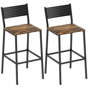 Homcom Set 2 Sgabelli da Bar con Schienale e Poggiapiedi Integrato in Stile Industriale, Marrone Rustico   Aosom Italy