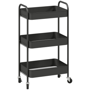 Homcom Carrello multifunzione, carrello su ruote, carrello cucina, 3 ripiani, 4 ruote, 45 cm x 30,6 cm x 79 cm, nero   Aosom Italy