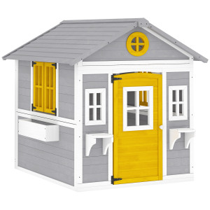 Outsunny Casetta bambini legno con porta, finestre e fioriere, Grigio   Aosom Italy