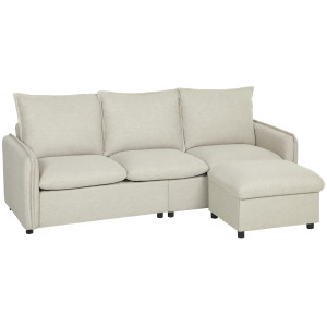 Homcom Divano 3 posti con pouf contenitore, divano angolare modulabile 212 cm, cuscini a molle, tessuto in lino, crema   Aosom Italy