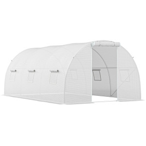 Outsunny Serra da giardino a tunnel 13,5 m² 6 finestre, porta avvolgibile con cerniera telaio acciaio zincato, telo PE 4,5 x 3 x 2 m bianco   Aosom