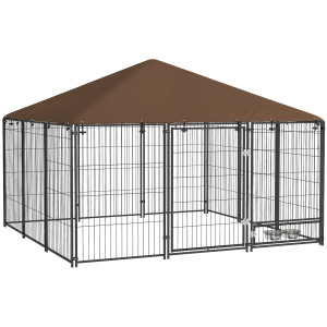 Pawhut Recinto per Cani in Metallo e Tessuto Oxford con Porticina per Ciotole, 211x211x151 cm, Nero e Marrone Aosom