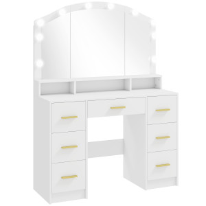 Homcom Toeletta per Trucco con Luci LED a 3 Colorazioni e Specchio, 7 Cassetti e 3 Scomparti, 110x40x150 cm, Bianco   Aosom Italy