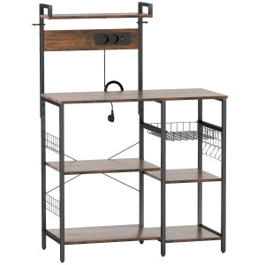 Homcom Scaffale da cucina, Scaffale a colonna con 2 prese, 5 ganci a S, 5 ripiani, Cesto, Traverse a X Acciaio 90 x 42 x 130 cm   Aosom Italy