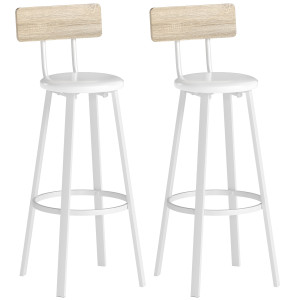 Homcom Set di 2 Sgabelli Alti da Cucina con Schienale e Poggia piedi Rivestiti in PU Seduta 75,5 cm Natural e Bianco   Aosom Italy