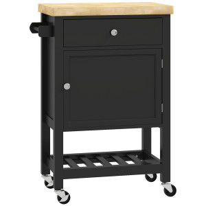 Homcom Carrello da Cucina su Ruote, Carrello di Servizio con Piano in Legno di Hévéa e Cassetto, 63,5x40x90 cm, Nero   Aosom Italy