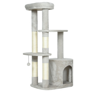 Pawhut Tiragraffi 114 cm Torre per gatti con cuccia, pali in sisal, piattaforme, multistrato per gatti di taglia media fino a 6 kg, Grigio chiaro