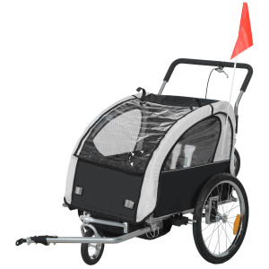 Homcom Rimorchio bici per bambini 2-in-1 con cintura di sicurezza a 5 punti, catarifrangenti, bandierina e tenda antivento, nero   Aosom Italy