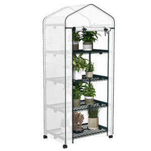 Outsunny Serra da Esterno con 4 Ripiani Ruote Porta Avvolgibile Copertura in PE e Telaio in Acciaio 69x50x165 cm Bianco   Aosom Italy