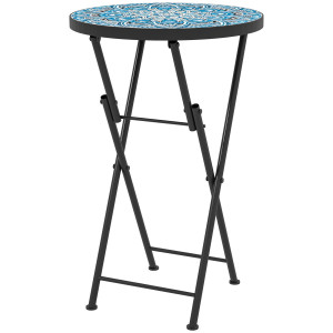Outsunny Tavolo da giardino a mosaico, tavolo rotondo pieghevole per terrazza con telaio in metallo e piano in ceramica, motivo a mosaico, Blu   Aosom