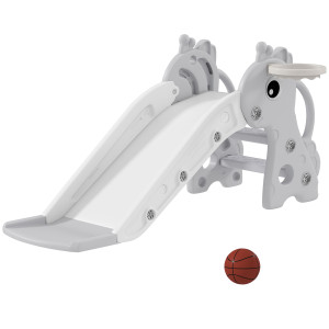 Aiyaplay Scivolo 3-in-1 per bambini, forma giraffa, canestro da basket, palla, Grigio   Aosom Italy
