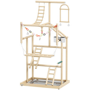 Pawhut Trespolo per Pappagalli con Giochi, Scale, Catene, Ciotole, Vassoio Rimovibile e Posatoi, Legno Naturale   Aosom Italy
