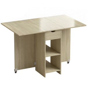 Homcom Tavolo pieghevole 2-4 persone con ruote, vano e cassetto, Legno naturale   Aosom Italy