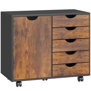Homcom Mobile ufficio con 5 cassetti, anta, ruote e supporto stampante, 78x40x66,5 cm, Marrone   Aosom Italy