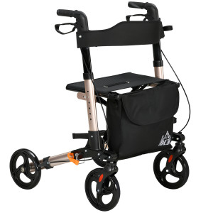 Homcom Deambulatore con 4 Ruote Pieghevole in Alluminio, Altezza Regolabile 6 Posizioni, Freni Doppi, Portaoggetti, 64x67x92 cm, Oro   Aosom Italy