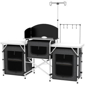 Outsunny Cucina da Campeggio Pieghevole a 3 Piani con 5 Ripiani Interni e 4 Ganci, 172x48x119 cm, Nero   Aosom Italy