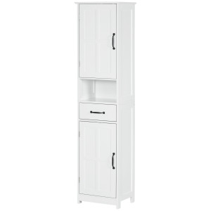 Kleankin Mobile Colonna Bagno in Legno con Mensola Aperta, Cassetto e 2 Armadietti, 40x30x164 cm, Bianco   Aosom Italy