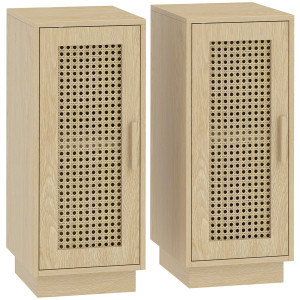 Homcom Set da 2 Comodini con Ripiano Regolabile e Anta in Resina Intrecciata, Stile Boho, 25x30x60 cm, Legno Naturale   Aosom Italy