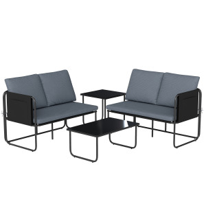 Outsunny Set di 4 Pezzi Giardino Esterno con 2 Divani a 2 Posti, 2 Tavoli in Vetro, Cuscini, Fodere Rimovibili e Tasche, Grigio   Aosom Italy