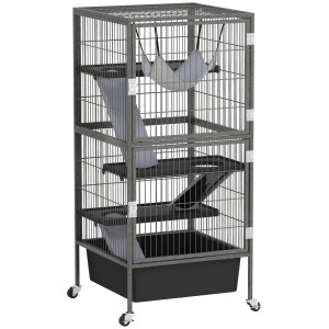 Pawhut Gabbia per Piccoli Animali a 4 Livelli con Rampe, Piattaforme, Amaca e Ruote, 52x52x115 cm, Grigio   Aosom Italy