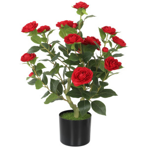 Homcom Pianta Artificiale di Camelia 65 cm, Albero Artificiale in Vaso con Fiori in Seta Realistici e 116 Foglie, Effetto Muschio, Rosso   Aosom Italy