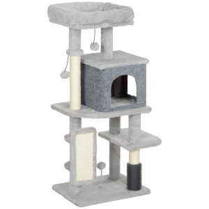 Pawhut Albero per Gatti Multilivello Alto 104 cm con Casetta, Lettino, Pali Tiragraffi, Spazzola e Pallina, Grigio   Aosom Italy