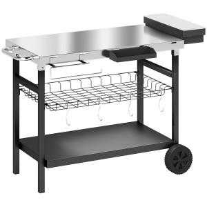 Outsunny Carrello Barbecue da Esterno con Piano in Acciaio Inossidabile, Porta Spezie, Ganci e Maniglia Laterale, Nero   Aosom Italy