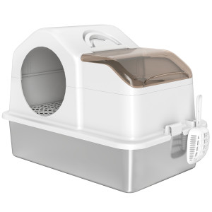 Pawhut Lettiera per Gatti Chiusa con 2 Tappetini, in Acciaio Inox, ABS e PP, 60.5x40.5x42 cm, Bianca e Argento   Aosom Italy