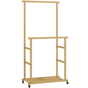 Homcom Stender Appendiabiti con 2 Barre, Ripiano Inferiore e 4 Ruote in Bambù, 80x40x160 cm, Legno Naturale   Aosom Italy