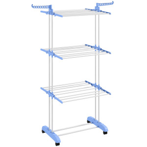 Homcom Stendibiancheria Pieghevole a 4 Livelli con Ali Laterali Girevoli e 4 Ruote, in Acciaio e PP, 73x64x177 cm, Blu e Argento   Aosom
