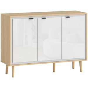 Homcom Credenza Moderna a 3 Ante con Ripiano Regolabile, 107x35x77 cm, Bianco Lucido e Rovere   Aosom Italy