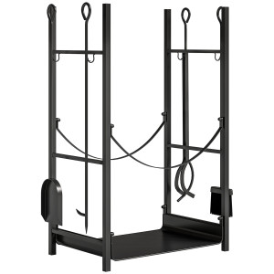 Outsunny Portalegna per Camino da Interno ed Esterno in Metallo con Paletta, Scopa, Attizzatoio e Pinza,44.5x29.5x73cm, Nero   Aosom Italy