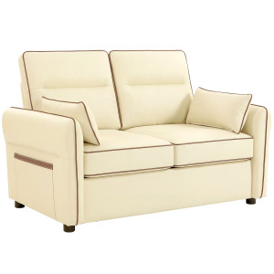 Homcom Divano 2 Posti in Finta Pelle con Imbottitura Spessa, Tasca Laterale e 2 Cuscini, 136x81x90 cm, Beige   Aosom Italy