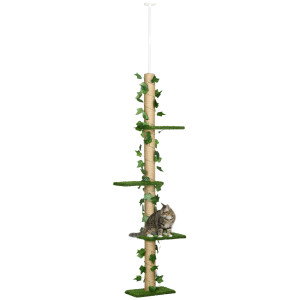 Pawhut Albero Tiragraffi per Gatti a Soffitto Alto 202-242 cm Regolabile con Asta di Tensione, Verde