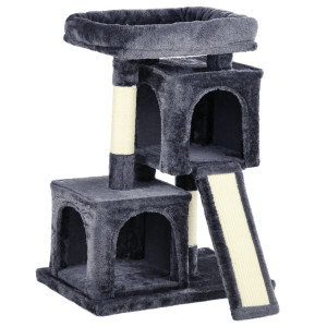 Pawhut Albero Tiragraffi per Gatti con Pali in Sisal, Lettino e 2 Casette, 59x39x83cm, Nero Aosom