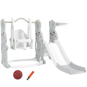 Aiyaplay 4 in 1 Altalena e Scivolo con Altalena, Parapetto e Canestro per Bambini, 147.5x160x107 cm, Grigio   Aosom Italy
