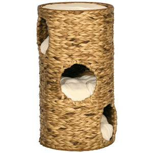 Pawhut Torre Tiragraffi per Gatti con 3 Livelli, 3 Ingressi e Cuscino Incluso, Design Bohémien, 40x40x73 cm, Marrone Chiaro e Crema   Aosom Italy