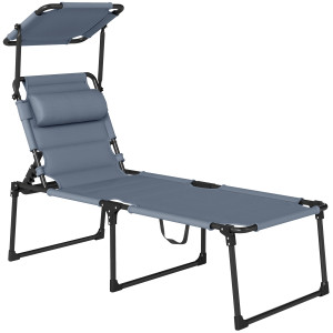 Outsunny Lettino da Giardino Pieghevole con Tettuccio e Schienale Reclinabile su 4 Livelli, Lettino Prendisole con Cuscino, Grigio   Aosom Italy