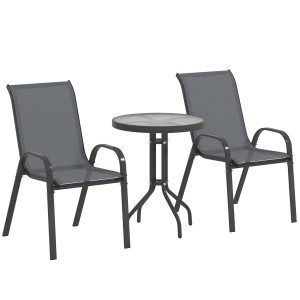 Outsunny Set da Bistro 3 Pezzi con 2 Sedie da Giardino Traspiranti Impilabili e Tavolino Rotondo, Set Tavolo e Sedie da Giardino in Acciaio e Vetro,