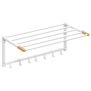 Homcom Portasciugamani a Parete Pieghevole con 5 Barre e 6 Ganci in Legno e Acciaio, 60x32.5x20 cm, Bianco   Aosom Italy