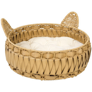 Pawhut Letto per Gatti in Rattan con Cuscino Rimovibile, Cuccia per Gatti fino a 10kg, 50x50x25 cm, Marrone Chiaro   Aosom Italy
