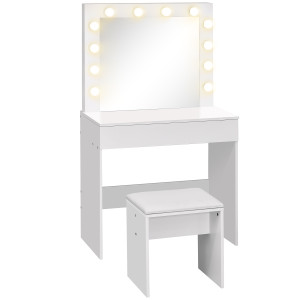 Homcom Tavolo da trucco con sgabello imbottito specchio 12 lampadine a LED ampio cassetto vintage per camera da letto  in MDF bianco Aosom